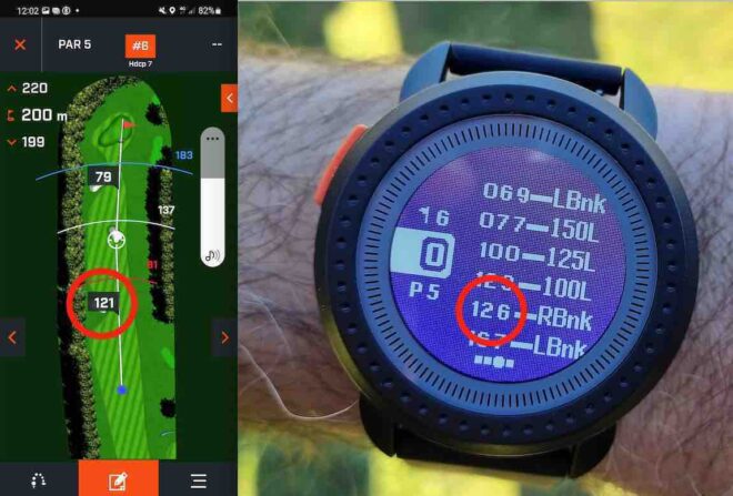 Ansicht der Uhr bei Kopplung mit der Bushnell App